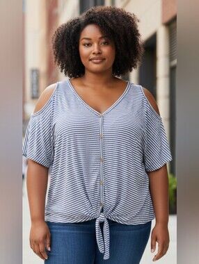 e.Luna Cold-Shoulder Tie Hem Light Blue Striped Top Size 3X NWOT